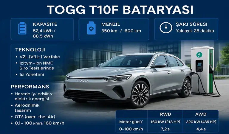 TOGG T10F Bataryası – Kapasite, Menzil, Şarj Süresi ve Teknoloji