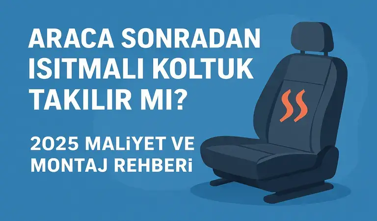 Araca sonradan ısıtmalı koltuk takılır mı konulu mavi arka planlı görsel, otomobil koltuğu ve ısıtma simgesi.