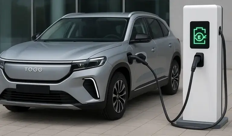 TOGG Batarya Ömrü TOGG elektrikli SUV şarj istasyonunda batarya dolum işlemi